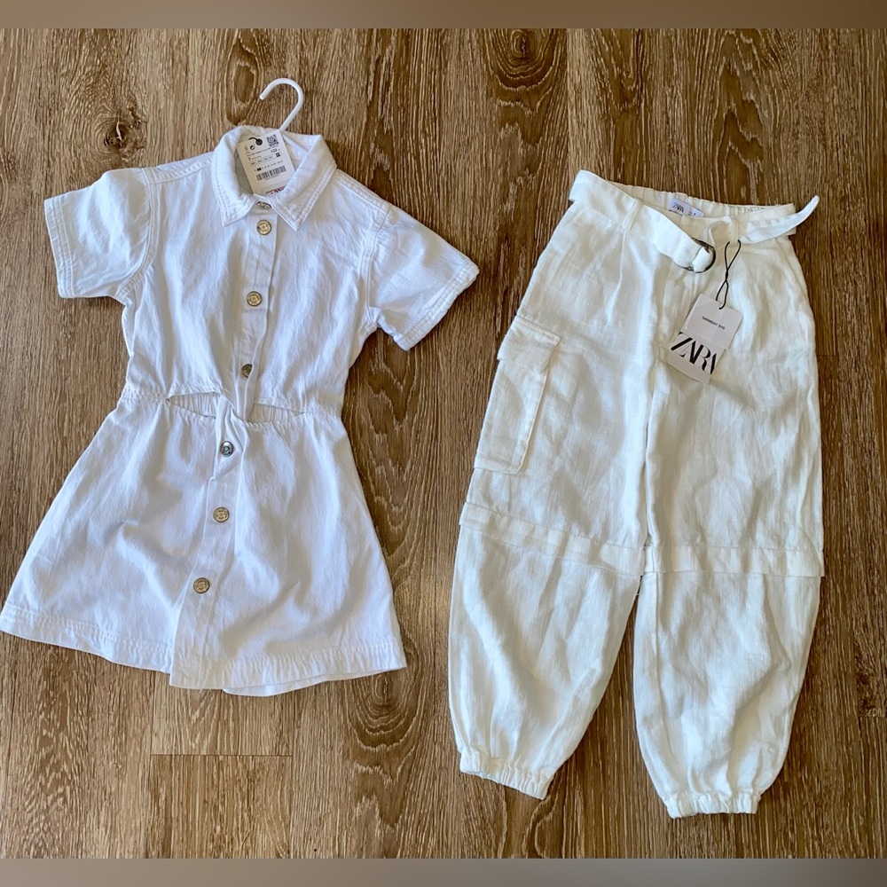 Girls Zara White Button-Front dress and Cargo Joggers Set